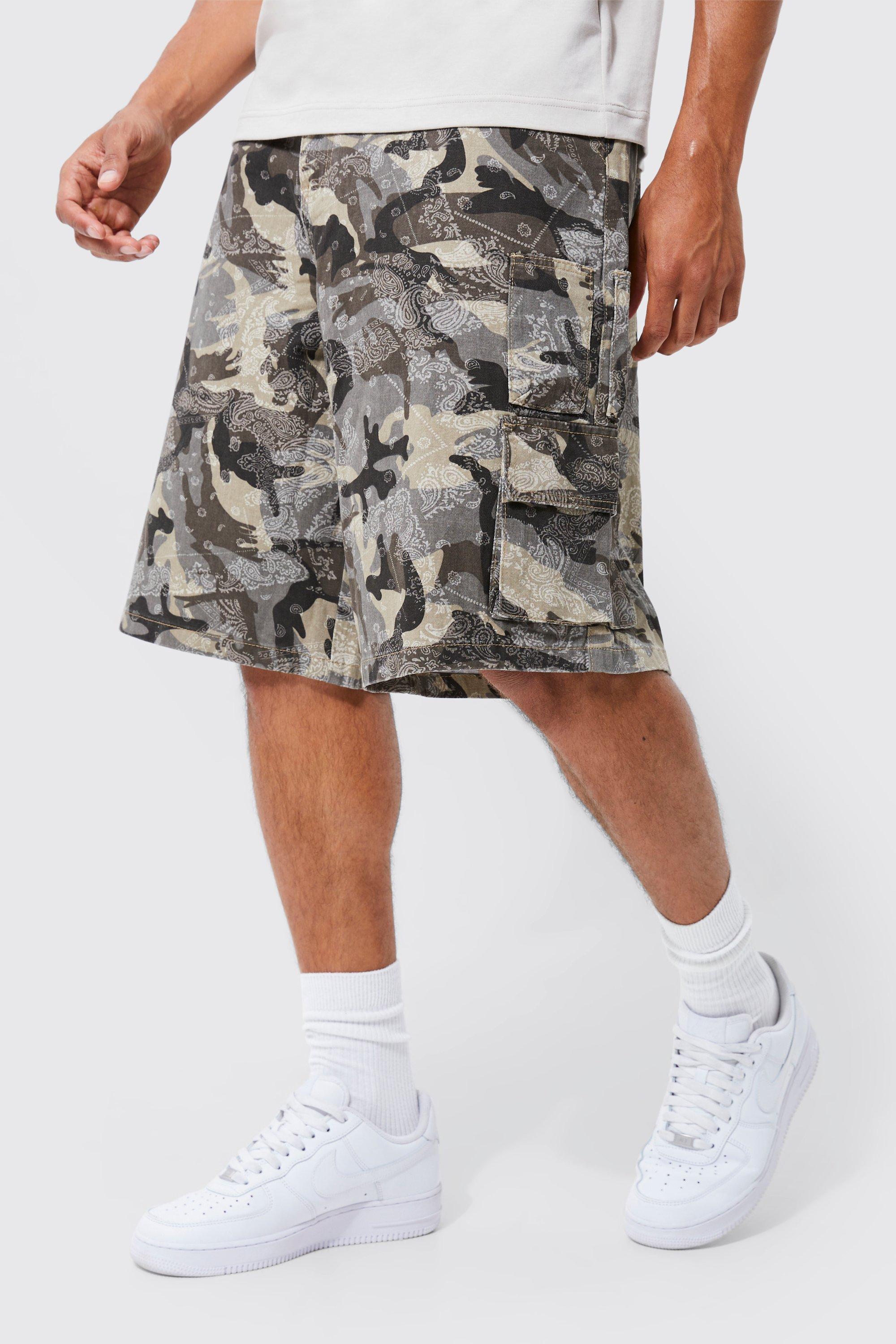 Mens Grey Fixed Parachute Camo Bandana Cargo Short, Grey